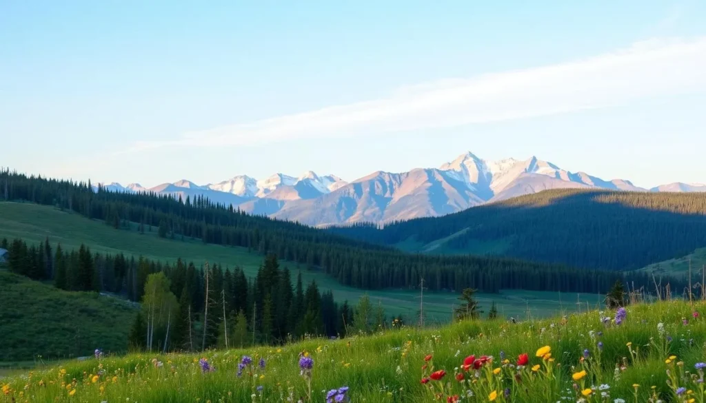 A serene landscape of the Grande Prairie region, showcasing its natural beauty. In the foreground, lush green meadows dotted with vibrant wildflowers sway gently in the breeze. In the middle ground, rolling hills covered in dense pine forests rise up, their rugged peaks reaching towards a clear, azure sky. In the distance, the majestic Canadian Rockies stand tall, their snow-capped peaks glistening under the warm, golden sunlight. The scene exudes a sense of tranquility and adventure, inviting viewers to explore the captivating day trips and nearby attractions that the Grande Prairie area has to offer.