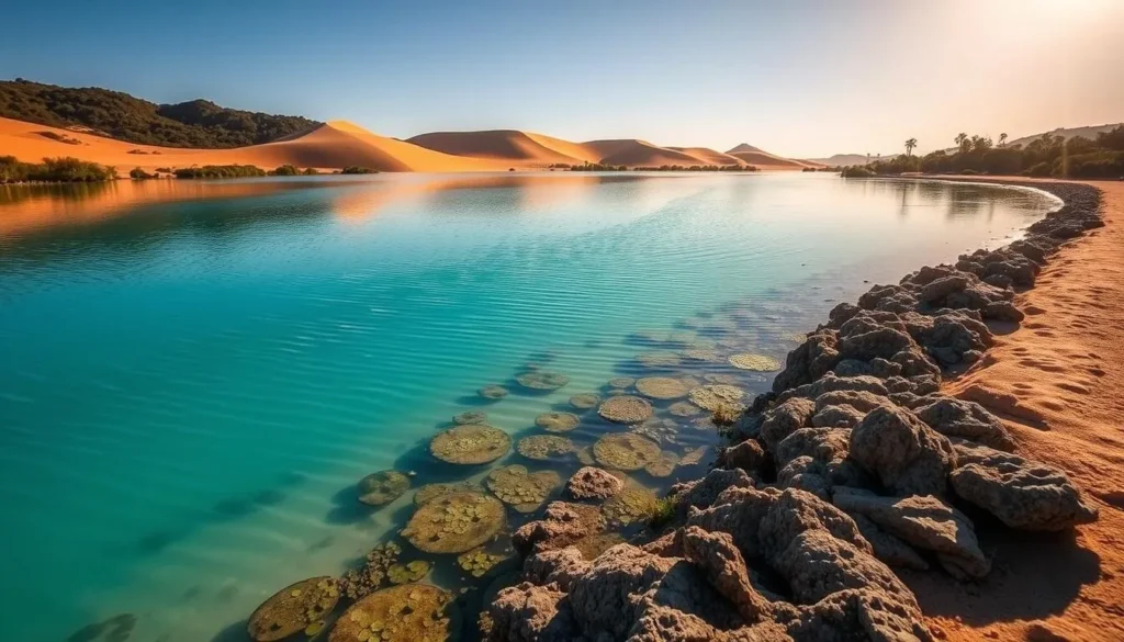 A serene landscape of the Medanos de Coro National Park, Venezuela, featuring the hidden lagoons. Capture the tranquil, turquoise waters reflecting the surrounding sand dunes and lush vegetation. Depict a clear sky with warm, golden sunlight filtering through, casting soft shadows across the scene. Showcase the natural beauty of this remote, untouched destination, inviting the viewer to explore the captivating lagoons nestled within the park. Convey a sense of wonder and peacefulness through the composition and lighting. Include details like the rippling surface of the water, the diverse aquatic flora, and the rugged, sculptural sand formations along the shore.