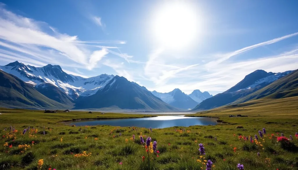 A serene landscape of the Sarek Mountains in northern Sweden, basking in the warm glow of the sun. Majestic, snow-capped peaks rise majestically in the background, their jagged silhouettes reflected in a tranquil alpine lake in the foreground. Lush, verdant meadows stretch out, dotted with vibrant wildflowers swaying gently in a light breeze. Wispy, cirrus clouds drift lazily across a brilliant azure sky, creating a perfect balance of light and shadow. The scene exudes a sense of peaceful solitude, inviting the viewer to immerse themselves in the natural beauty of this stunning wilderness.