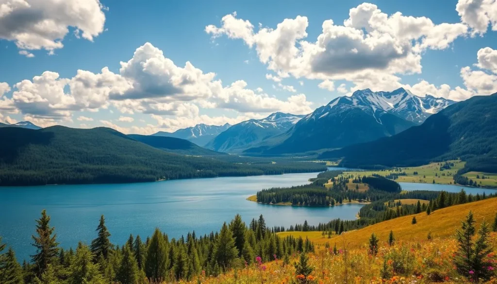 A serene landscape of the Sec Reservoir nestled in the rolling hills of Czechia. In the foreground, the glimmering waters of the reservoir reflect the azure sky and fluffy white clouds above. The middle ground features lush, verdant forests and meadows dotted with vibrant wildflowers. In the background, rugged, snow-capped mountains rise majestically, creating a dramatic and picturesque backdrop. The scene is bathed in warm, golden sunlight, casting a tranquil and inviting atmosphere. Capture this scenic wonder through a wide-angle lens to showcase the stunning natural beauty of the Sec Reservoir in all its glory.