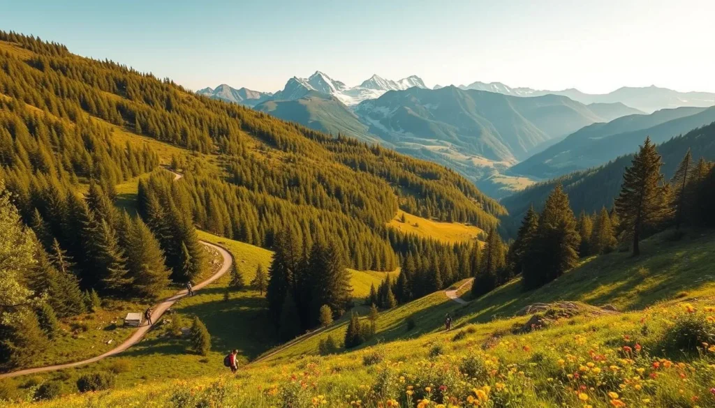 A serene landscape of the White Carpathians, where lush green forests give way to winding hiking trails that meander through the rolling hills. Vibrant wildflowers dot the paths, and the warm sunlight filters through the canopy, casting a golden glow over the scene. In the distance, rugged peaks rise up, their snow-capped summits gleaming in the clear sky. Hikers traverse the trails, their silhouettes creating a sense of scale and adventure. The image captures the tranquility and natural beauty of this Czech treasure, inviting the viewer to explore the captivating hiking opportunities the White Carpathians have to offer.