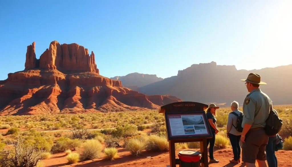 A serene landscape of the iconic Vermilion Cliffs in northern Arizona, bathed in warm, golden sunlight. In the foreground, a park ranger stands at an informational kiosk, discussing the permit process with a group of hikers. The cliffs rise majestically in the background, their vibrant vermilion hues contrasting with the clear blue sky. The scene conveys the sense of preparation and anticipation for an outdoor adventure, while highlighting the importance of responsible exploration within this protected natural wonder. A medium-wide angle lens captures the scale and grandeur of the environment, inviting the viewer to imagine themselves embarking on this guided journey.