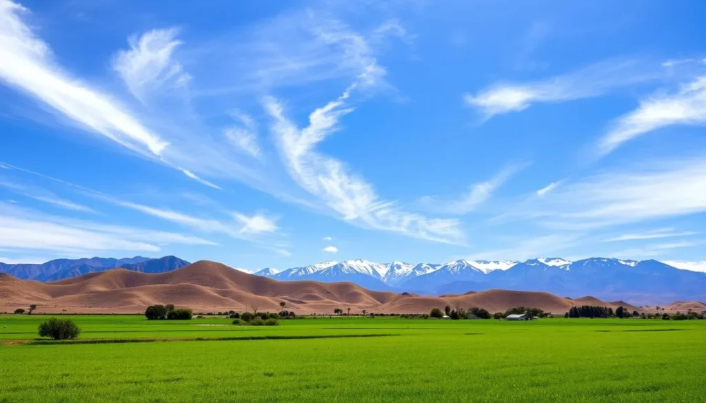 A serene landscape showcasing Chile's diverse rainfall patterns. In the foreground, lush green fields are nourished by gentle showers, their verdant hues contrasting with the arid, sun-drenched hills in the middle ground. Wispy clouds drift across a bright, azure sky, casting soft, diffused lighting upon the scene. In the distance, majestic snow-capped peaks rise, hinting at the varied topography and climates that define this captivating country. The overall atmosphere is one of tranquility and balance, inviting the viewer to appreciate the delicate interplay of water, land, and sky that shapes Chile's weather-savvy landscapes.