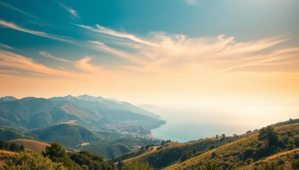 A serene landscape showcasing Lebanon's diverse weather patterns throughout the year. In the foreground, rolling hills are blanketed in lush greenery, with wispy cirrus clouds drifting overhead. The middle ground features a picturesque village nestled between rugged mountains, their peaks adorned with a dusting of fresh snow. In the distance, a azure-blue Mediterranean Sea stretches out, its calm waters reflecting the golden rays of the sun. The scene is bathed in warm, diffused lighting, creating a tranquil, postcard-worthy atmosphere.