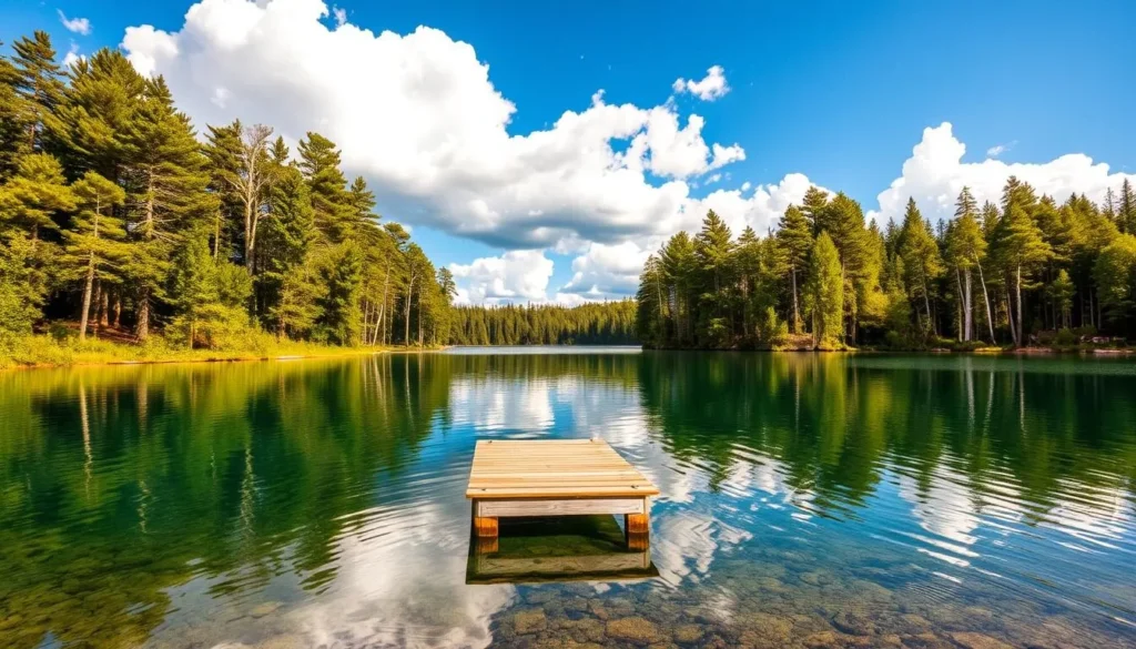 A serene landscape showcasing the captivating Lake Kallavesi in Finland's Savo region. The crystal-clear waters reflect the surrounding lush forests, dotted with towering pines and birch trees. In the foreground, a small wooden dock juts out into the lake, inviting visitors to dip their toes in the cool, inviting waters. Fluffy white clouds drift across a bright blue sky, casting gentle shadows over the scene. The warm, golden sunlight filters through the trees, creating a warm, tranquil atmosphere. This idyllic setting captures the natural beauty and peacefulness of Finland's hidden gem, Lake Kallavesi.