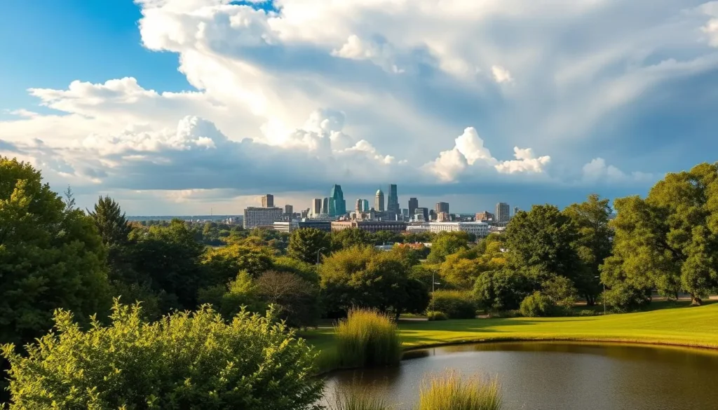A serene landscape showcasing the diverse weather patterns of Memphis, Tennessee. In the foreground, a lush urban park with vibrant green foliage and a tranquil pond, reflecting the clear blue sky above. In the middle ground, a picturesque cityscape of iconic landmarks, bathed in warm, golden afternoon light. In the background, dramatic storm clouds build up, hinting at the dynamic weather that defines this Southern city. The scene captures the balance of calm and change, inviting the viewer to experience the ever-evolving climate of Memphis throughout the seasons. Detailed, photorealistic, cinematic lighting, 8K resolution.