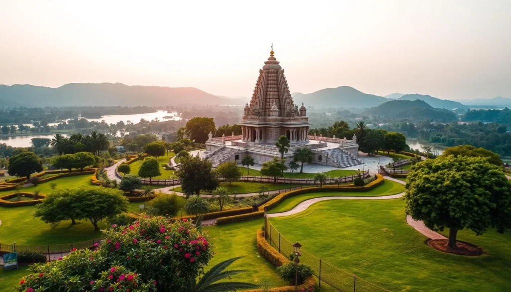 A serene landscape showcasing the hidden gems of Pimpri-Chinchwad near Pune, Maharashtra. In the foreground, a lush, verdant park with vibrant flowers and winding paths invites exploration. In the middle ground, a magnificent temple with ornate architecture and intricate carvings stands tall, bathed in warm, golden sunlight. The background features rolling hills and a tranquil lake, reflecting the sky's gentle blue hues. The scene exudes a sense of tranquility and discovery, capturing the essence of this underexplored destination. Crisp, high-resolution photography with a wide-angle lens and natural lighting creates a captivating, immersive atmosphere.