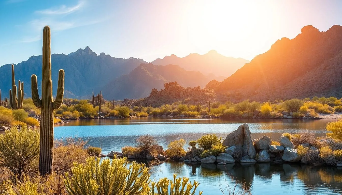 A serene landscape showcasing the stunning Saguaro Lake in Arizona. In the foreground, a tranquil lake reflects the towering saguaro cacti and rugged desert mountains surrounding it. The warm, golden light of the sun casts a soft glow, creating a picturesque scene. In the middle ground, lush desert vegetation and rock formations add depth and texture to the composition. The background features the majestic McDowell Mountains, their jagged peaks standing tall against a vibrant azure sky. The scene conveys a sense of peaceful solitude and the raw, untamed beauty of the Arizona wilderness.
