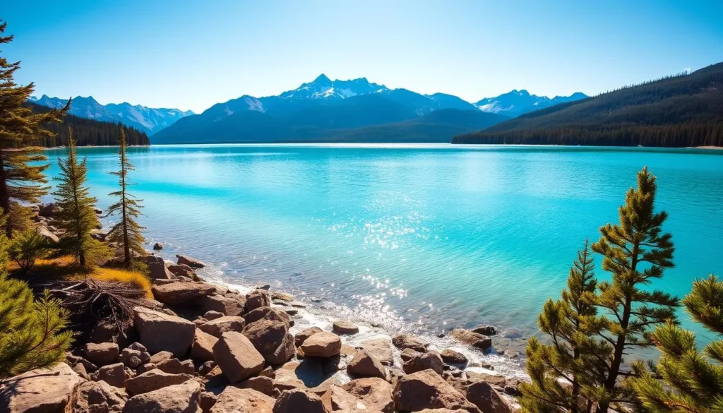 A serene landscape showcasing the turquoise waters of Abraham Lake, nestled amidst the majestic Canadian Rockies. Capture the vibrant hues of the lake, reflecting the clear sky above. Depict the gentle waves lapping against the rocky shoreline, with lush evergreen forests framing the scene. Use a wide-angle lens to showcase the grand scale of the natural wonder, while maintaining a sense of tranquility. Bathe the image in warm, golden sunlight, casting a soft glow over the tranquil waters and creating a picturesque summer scene.