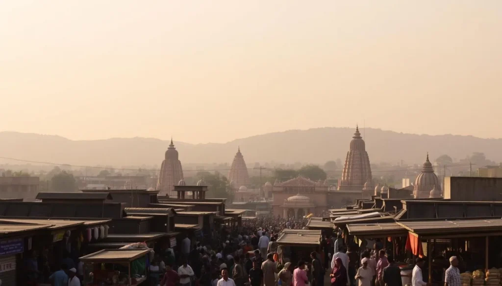 A serene landscape unfolds, bathed in warm, golden sunlight. In the foreground, a bustling marketplace overflows with vibrant stalls, vendors hawking their wares and locals navigating the lively scene. In the middle ground, towering temples and ornate architecture stand as timeless landmarks, their intricate details inviting closer exploration. The background reveals rolling hills and verdant landscapes, hinting at the natural beauty that surrounds the city of Guntur. The overall atmosphere evokes a sense of cultural richness, historical significance, and the promise of an immersive travel experience.
