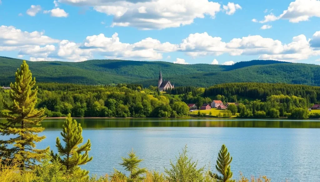 A serene landscape unfolds in the heart of Örebro County, Sweden. Lush green hills and forests stretch out against a clear, azure sky, dotted with fluffy white clouds. In the foreground, a tranquil lake reflects the surrounding natural beauty, its glassy surface undisturbed. Tall, stately pines line the shores, their branches swaying gently in the soft breeze. In the middle ground, a quaint, picturesque village nestles amidst the rolling hills, its charming red-roofed houses and church spires peeking out from the verdant foliage. Warm, golden sunlight bathes the scene, creating a serene and inviting atmosphere. This idyllic landscape captures the essence of Örebro County's hidden gem - a true natural wonder waiting to be discovered.