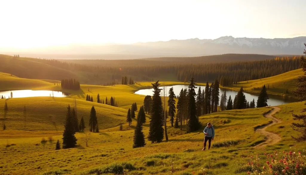 A serene landscape unfolds in the heart of Västerbotten, Sweden. Rolling hills and lush meadows stretch out under a warm, golden sky. A tranquil lake reflects the surrounding forests, dotted with tall, towering pines. In the distance, snow-capped mountains rise, casting a majestic presence over the scene. Hikers explore winding trails, taking in the vibrant wildflowers and the chirping of birds. Sunlight filters through the canopy, casting a soft, diffused glow over the entire natural wonder. Capture the essence of Västerbotten's pristine beauty, a true oasis of serenity and wonder.