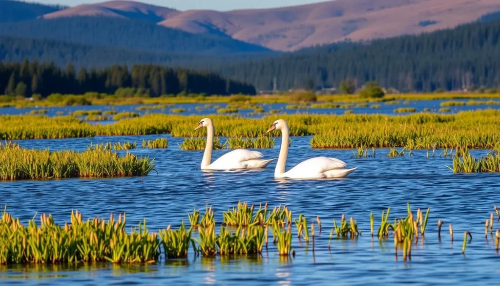 A serene landscape with a pair of majestic trumpeter swans gliding gracefully across the crystal-clear waters of Crooked Lake, British Columbia. The birds' long, elegant necks and pure white plumage are highlighted by the warm, golden hues of the late afternoon sun. The surrounding wetlands are dotted with lush, verdant reeds and cattails, creating a tranquil, natural setting. In the distance, the rolling hills and dense forests of the region provide a picturesque backdrop, capturing the essence of the local wildlife and the beauty of the area. The image conveys a sense of peaceful observation, inviting the viewer to appreciate the unique avian inhabitants of this captivating destination.