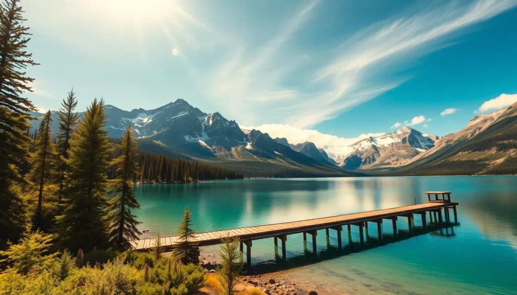 A serene landscape with a picturesque alpine lake nestled between majestic mountain peaks. The crystal-clear waters of Lake Minnewanka reflect the rugged beauty of the Canadian Rockies under a warm, golden sun. In the foreground, towering pines and lush greenery line the shore, inviting exploration. In the middle ground, a historic wooden pier juts out into the lake, a remnant of the region's past. The background features snow-capped peaks and wispy clouds, creating a timeless, awe-inspiring scene. The lighting is soft and diffused, lending an almost ethereal quality to the setting. Capture this idyllic landscape in a cinematic, wide-angle perspective that showcases the grandeur and history of Lake Minnewanka.