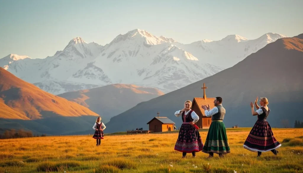 A serene meadow in the Dovrefjell mountains, Norway. In the foreground, traditional Norwegian folk dancers perform in colorful, intricate costumes, their movements graceful and lively. The middle ground features a wooden stave church, its distinctive architecture standing as a testament to the region's rich cultural heritage. In the background, snow-capped peaks rise majestically, bathed in warm, golden light that creates a tranquil, atmospheric setting. The scene conveys a sense of timelessness, where ancient traditions and stunning natural beauty coexist in perfect harmony.