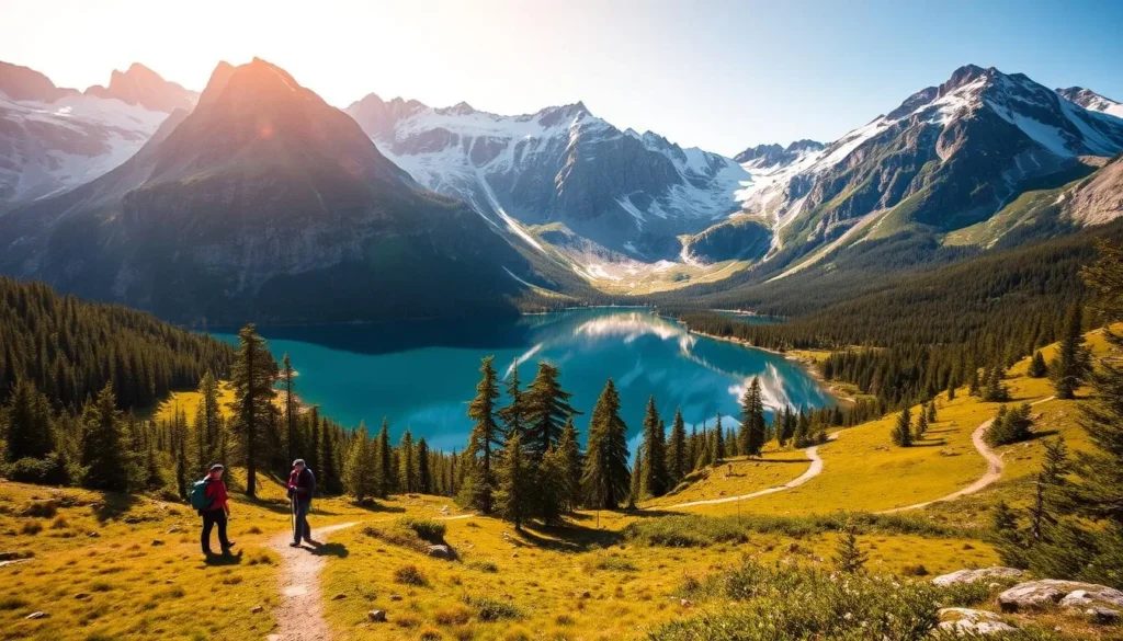 A serene mountain lake nestled among towering peaks, with well-marked hiking trails winding through the lush, verdant forests and meadows surrounding its shores. Hikers explore the picturesque landscape, taking in the breathtaking vistas of the crystal-clear waters reflecting the rugged, snow-capped summits. Warm sunlight filters through the canopy, casting a gentle glow over the scene. The trail leads past scenic viewpoints, inviting the viewer to immerse themselves in the natural beauty of this stunning Norwegian landscape.