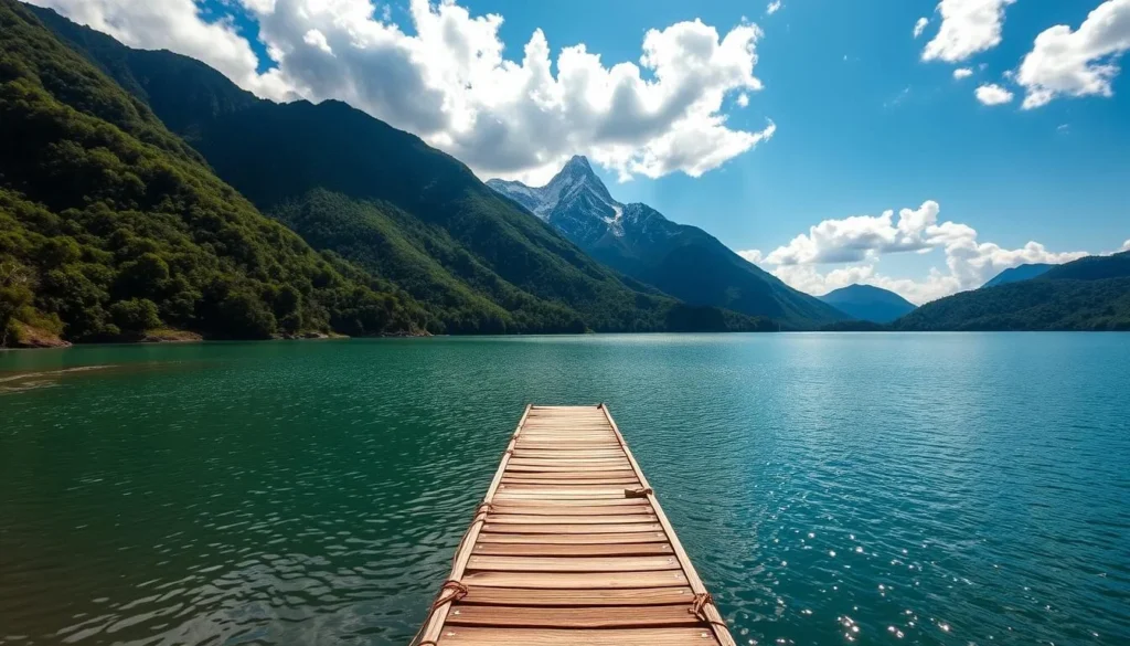 A serene mountain lake nestled in the lush Andes of Venezuela, Mucubají Lagoon shimmers in the warm sunlight. Towering peaks rise behind the tranquil waters, their snow-capped summits glistening. Verdant foliage lines the shores, creating a picturesque natural setting. A wooden dock extends into the calm lagoon, inviting visitors to explore the pristine landscape. Fluffy clouds drift overhead, casting gentle shadows across the scene. The atmosphere is one of peaceful contemplation, where the beauty of the Andes is fully embraced.