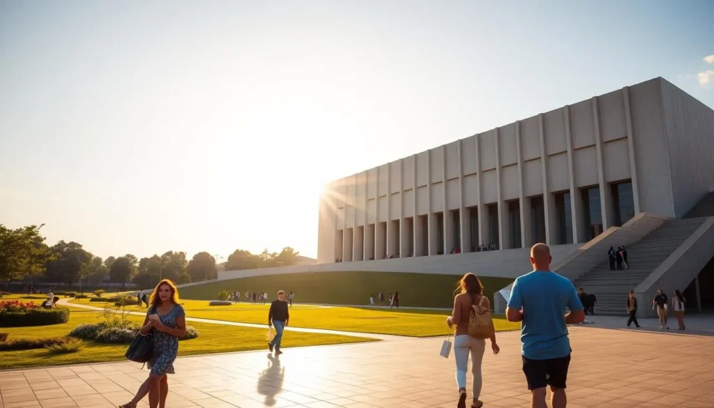 A serene museum plaza in Brasilia, Brazil, bathed in warm, golden sunlight. In the foreground, a family strolls leisurely, planning their museum tour, guidebooks in hand. The middle ground features the grand, modernist facade of a renowned art museum, its clean lines and geometric patterns casting long shadows across the paved walkways. In the background, a lush, verdant garden offers a tranquil respite, with visitors enjoying the peaceful atmosphere. The scene conveys a sense of anticipation and wonder, inviting the viewer to embark on an enlightening museum adventure.