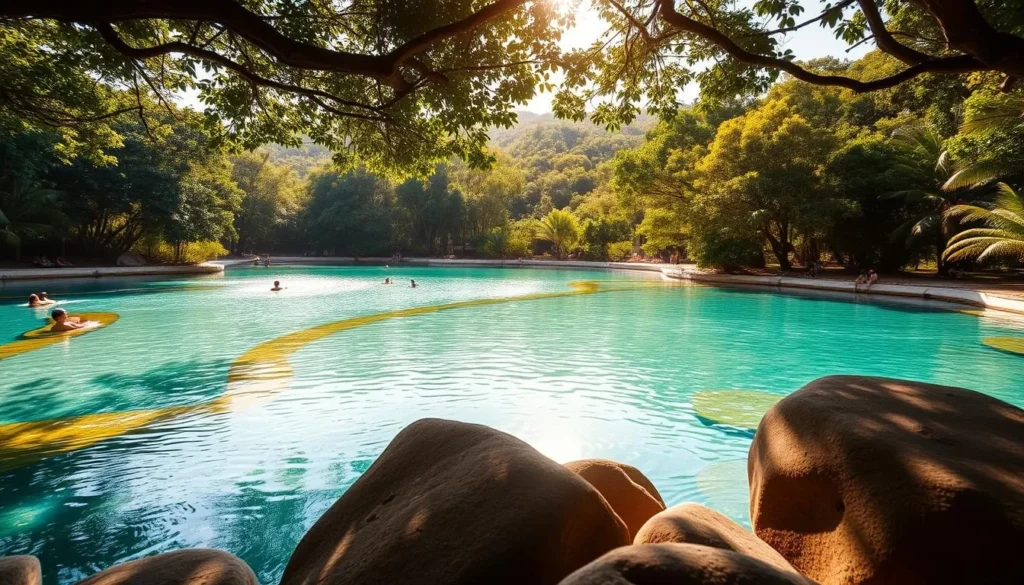 A serene natural landscape in Brasilia National Park, featuring crystal-clear swimming pools surrounded by lush tropical foliage. Sunlight filters through the canopy, casting a warm, golden glow across the tranquil waters. In the foreground, smooth rock formations frame the inviting pools, while in the middle ground, visitors lounge on the banks, enjoying the refreshing respite from the heat. The background showcases the verdant, rolling hills of the park, creating a picturesque and peaceful setting for outdoor recreation. Capture the essence of this natural wonder with a realistic, high-quality image.