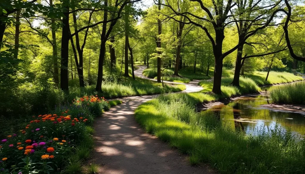 A serene nature trail winding through lush green foliage, dappled sunlight casting a warm glow. Meandering paths lined with vibrant wildflowers and towering trees, creating a calming, sensory-friendly environment. A tranquil pond reflects the sky, its surface rippling gently. Benches dot the trail, inviting visitors to pause and observe the natural beauty. The Autism Nature Trail, a peaceful refuge where individuals can connect with the restorative power of the outdoors.