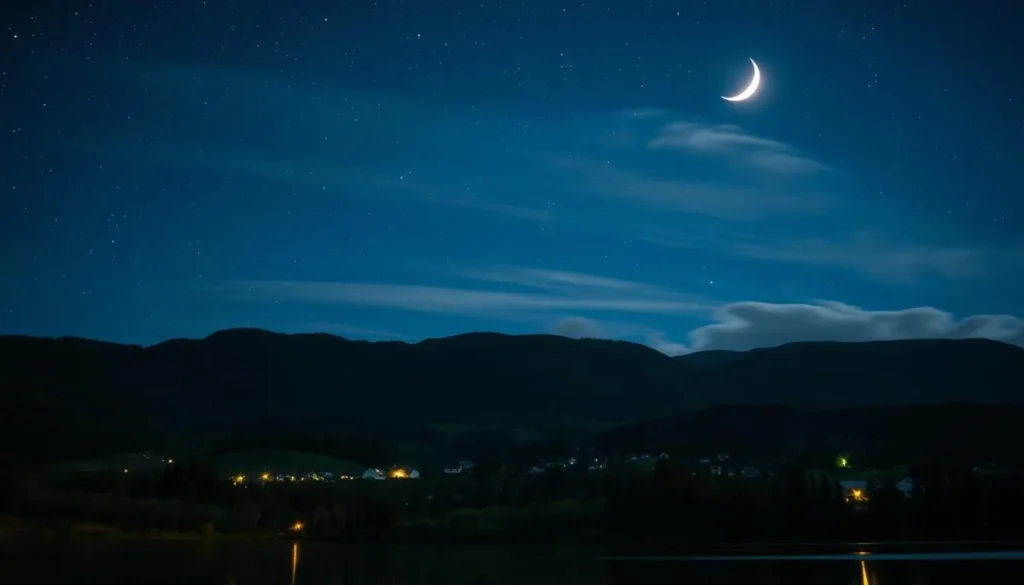 A serene night sky over the quaint town of Bon Accord, Alberta. Twinkling stars illuminate the rolling hills and lush forests below, creating a peaceful, eco-friendly atmosphere. In the foreground, a lake reflects the celestial display, its still waters undisturbed. Wispy clouds drift across the heavens, illuminated by a crescent moon casting a soft, natural glow. The image is captured with a wide-angle lens, emphasizing the vastness of the night sky and the harmony between the town and its natural surroundings.