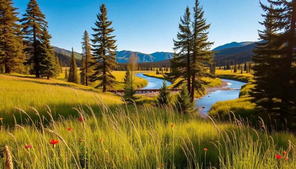 A serene outdoor scene in Bon Accord, Alberta, showcasing its natural beauty. In the foreground, a lush meadow with vibrant wildflowers sways gently in a light breeze. Towering pine trees line the edges, casting soft, dappled shadows. In the middle ground, a tranquil stream winds its way through the landscape, its crystal-clear waters reflecting the azure sky above. In the distance, rolling hills dotted with evergreen forests create a picturesque backdrop. The scene is illuminated by warm, golden sunlight, creating a peaceful and inviting atmosphere perfect for outdoor recreation and exploration.