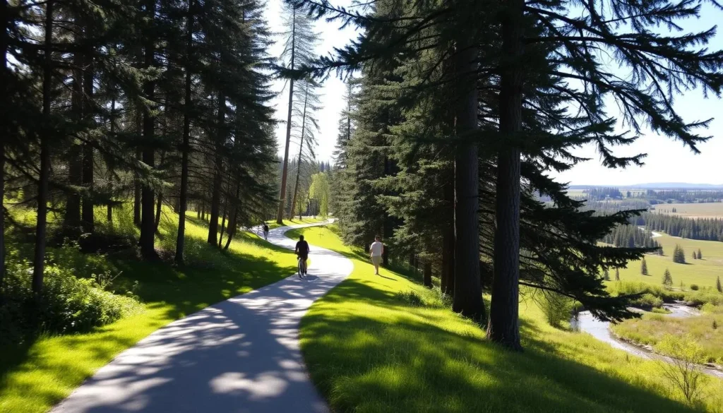 A serene outdoor trail winds through the lush, verdant landscape of South Bear Creek Park in Grande Prairie, Alberta. Towering evergreen trees line the path, casting dappled shadows on the well-maintained trail. Sunlight filters through the canopy, creating a warm, inviting atmosphere. In the distance, the gentle flow of a creek can be heard, adding to the peaceful ambiance. Hikers and cyclists enjoy the scenic route, immersed in the tranquility of this urban oasis. The trail meanders through a scenic meadow, offering panoramic views of the surrounding natural beauty. This image captures the essence of this hidden gem, showcasing the perfect balance of wilderness and city living in Grande Prairie.