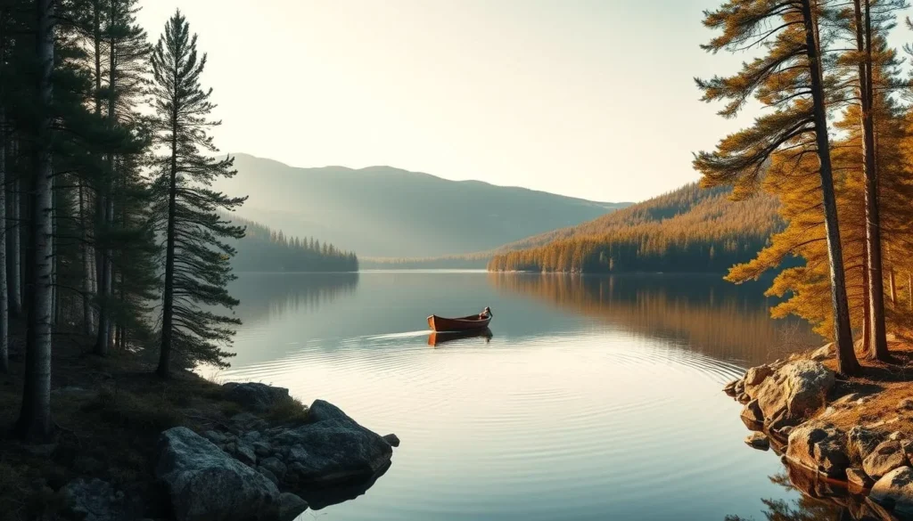 A serene panorama of Finland's picturesque Lakeland, captured on a crisp, sunny day. Towering pines and birches frame the tranquil, glass-like lake, reflecting the surrounding verdant hills and distant mountains. Warm golden light bathes the scene, casting soft shadows and highlighting the intricate details of the rugged shoreline. A lone rowboat glides across the still waters, creating gentle ripples that dance across the surface. The overall atmosphere evokes a sense of peace, natural harmony, and the enchanting beauty of this northern wilderness.