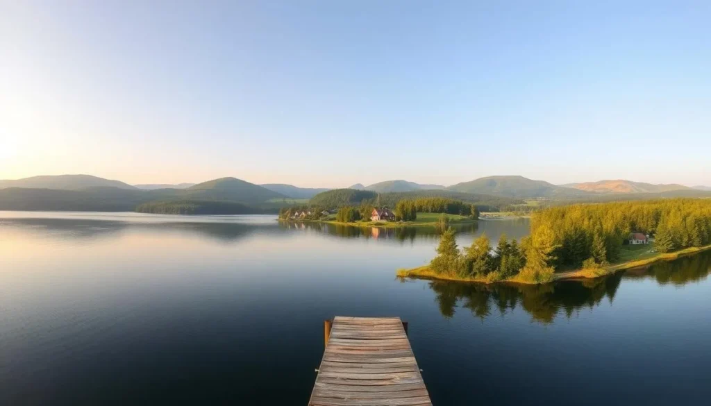 A serene panoramic view of Lake Hjälmaren, its tranquil waters reflecting the picturesque shoreline and rolling hills of Örebro County, Sweden. In the foreground, a small wooden pier extends into the lake, inviting visitors to take in the peaceful atmosphere. The mid-ground features lush, verdant forests and meadows, dotted with charming Swedish cottages. In the background, gentle slopes are crowned with a soft, hazy sky, creating a sense of depth and natural harmony. The lighting is warm and golden, casting a calming glow over the entire scene. Capture the essence of a perfect day trip from Örebro, where nature and serenity converge.