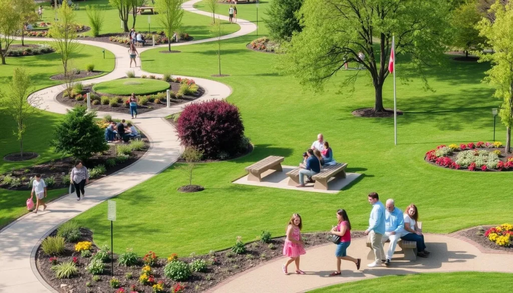 A serene park with walking trails, picnic areas, and beautiful gardens, with families enjoying their time together.