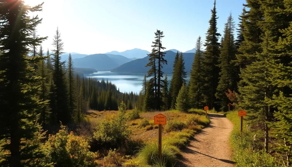 A serene, picturesque day at Smoky Lake, Alberta. In the foreground, a winding hiking trail leads through a lush, verdant forest, with sunlight filtering through the canopy. The middle ground reveals a tranquil, mirror-like lake, its surface reflecting the surrounding hills and pine trees. In the background, rolling mountains rise majestically, their peaks dusted with a hint of snow. The scene is bathed in warm, golden sunlight, creating a cozy, inviting atmosphere. The composition is balanced, with a sense of depth and perspective, drawing the viewer into the peaceful, natural setting.