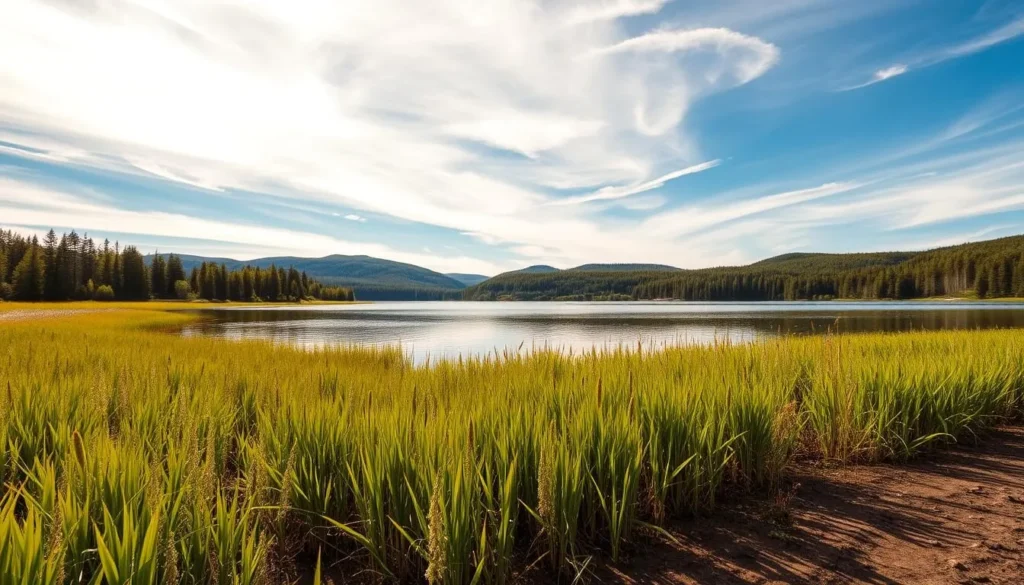 A serene, picturesque landscape of Lake Hjalmaren, Sweden's hidden gem. In the foreground, crystal-clear waters reflect the lush, verdant shores dotted with tall reeds and cattails swaying gently in the soft breeze. In the middle ground, rolling hills and forests of pine and birch trees create a tranquil, natural backdrop. The sky above is a brilliant blue, with wispy clouds drifting lazily overhead, bathing the scene in warm, golden sunlight. The overall atmosphere is one of peaceful solitude, inviting the viewer to immerse themselves in the beauty and serenity of this enchanting Swedish landscape.
