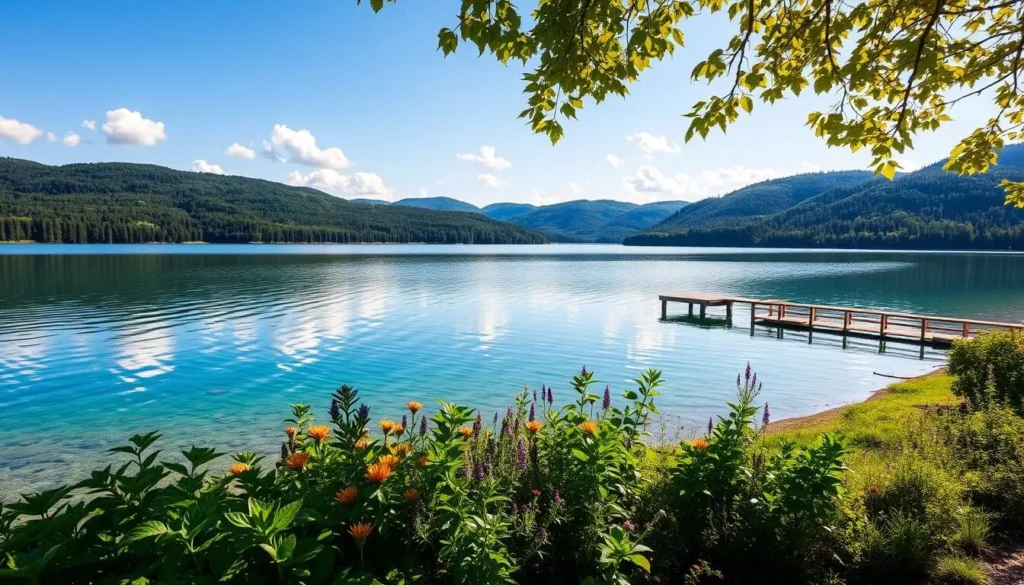 A serene, picturesque landscape of Lake Medard in the Czech Republic. The crystal-clear waters reflect the surrounding verdant hills and a cloudless azure sky, creating a tranquil and inviting atmosphere. In the foreground, lush green foliage lines the shoreline, dotted with colorful wildflowers. In the middle ground, wooden docks and piers extend into the lake, offering visitors a place to enjoy the scenic views. The background features rolling hills and forests, bathed in warm, golden sunlight that filters through the leaves. The scene conveys a sense of peaceful escape, perfect for those seeking a relaxing day by the water.