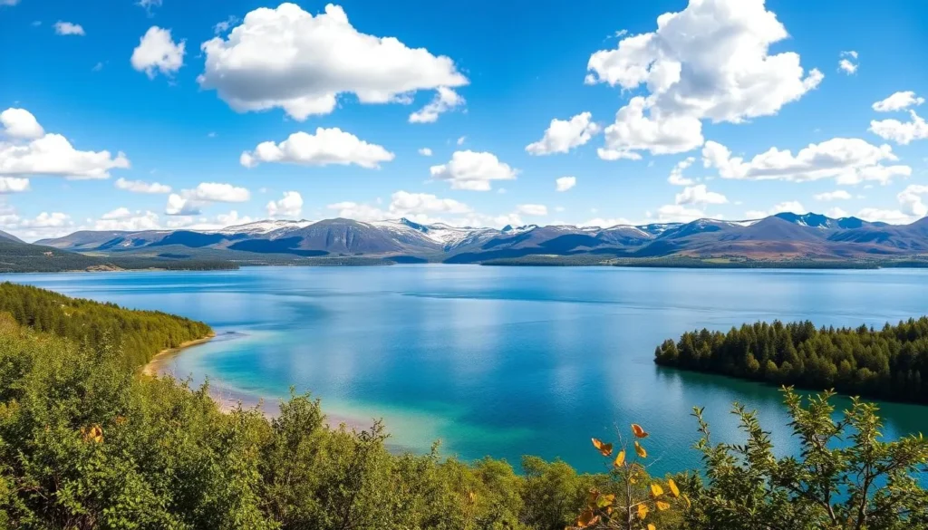 A serene, picturesque landscape of Lake Most, nestled amidst the rolling hills of North Bohemia, Czechia. The crystal-clear waters reflect the azure sky above, dotted with fluffy white clouds. The shoreline is lined with lush, verdant foliage, creating a natural, tranquil atmosphere. In the distance, the rugged, snow-capped mountains stand tall, adding to the breathtaking beauty of the scene. The warm, golden sunlight bathes the entire landscape, casting a warm, inviting glow. The composition is balanced and harmonious, capturing the essence of this hidden gem in the heart of the Czech Republic.
