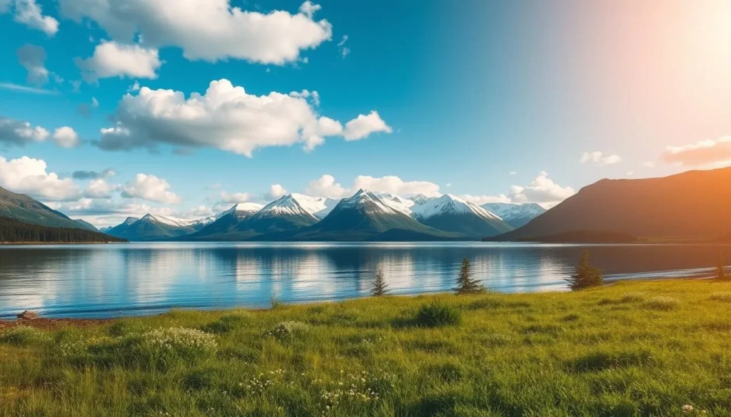A serene, picturesque landscape of Lake Oyeren in Norway. In the foreground, lush green meadows and wildflowers line the shore, leading the eye towards the tranquil waters of the lake. In the middle ground, majestic mountains rise up, their snow-capped peaks reflecting in the calm surface of the lake. The sky is a brilliant blue, with fluffy white clouds drifting lazily overhead, creating a natural spotlight on the scene. The lighting is soft and golden, creating a warm, inviting atmosphere. Capture this scene with a wide-angle lens to showcase the expansive beauty of the lake and its surrounding environment.