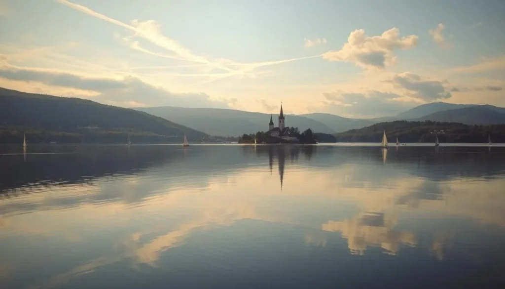 A serene, picturesque scene of Lake Vättern in Sweden. The calm, mirror-like surface reflects the lush, verdant shoreline and rolling hills in the background. Warm, golden sunlight filters through wispy clouds, casting a gentle glow over the historic Brahekyrkan church on the shore. Sailboats and kayaks dot the tranquil waters, inviting exploration of the lake's cultural and historical attractions. The atmosphere is one of tranquility and timelessness, capturing the essence of this beloved Swedish landmark.