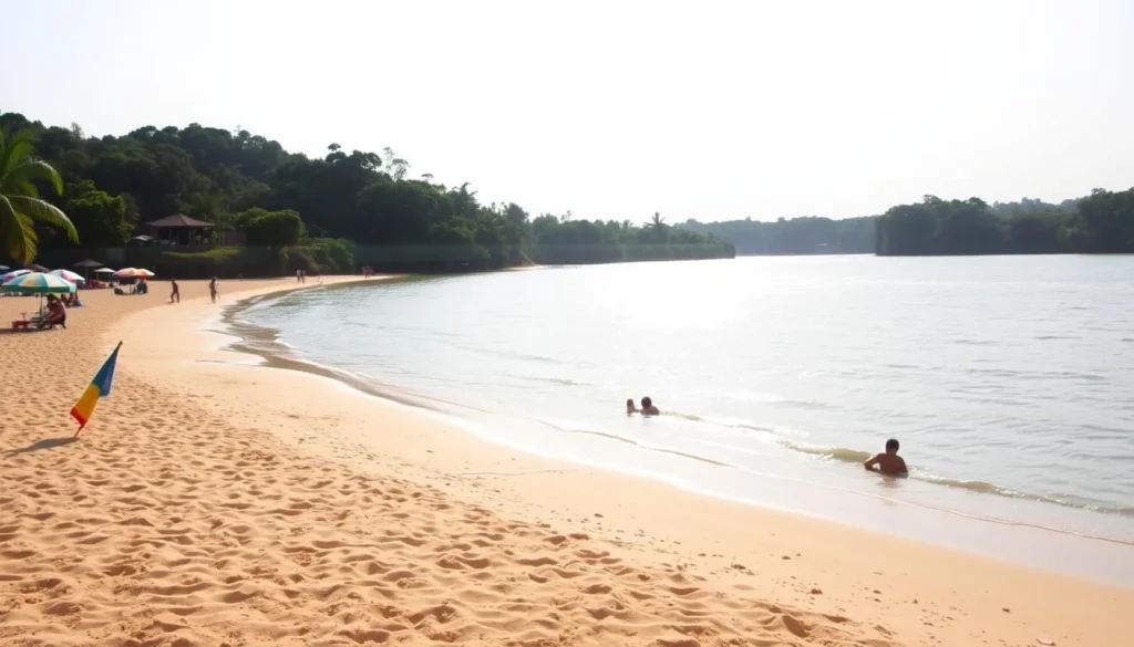 A serene river beach on a warm, sunny day in the heart of Ilha do Amor, Brazil. The foreground features fine, golden sand dotted with colorful beach umbrellas and towels, inviting visitors to relax. In the middle ground, the gentle flow of the Amazon River glistens under the soft, diffused lighting, its tranquil waters lapping at the shore. The background showcases lush, verdant foliage typical of the Amazon rainforest, creating a lush, natural backdrop. The overall atmosphere conveys a sense of tranquility and escape, perfectly capturing the essence of the best time to visit this idyllic Brazilian destination.