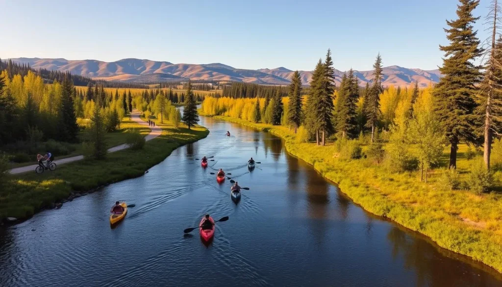 A serene river winding through a lush, verdant valley. In the foreground, people kayaking and canoeing on the calm waters, their paddles gently dipping in and out. In the middle ground, hikers and cyclists enjoying the scenic trails that hug the riverbanks, surrounded by towering pines and deciduous trees. In the background, rolling hills and distant mountains bathed in warm, golden sunlight, creating a picturesque natural landscape. The scene exudes a sense of tranquility and adventure, perfectly capturing the spirit of outdoor exploration in Devon, Alberta.