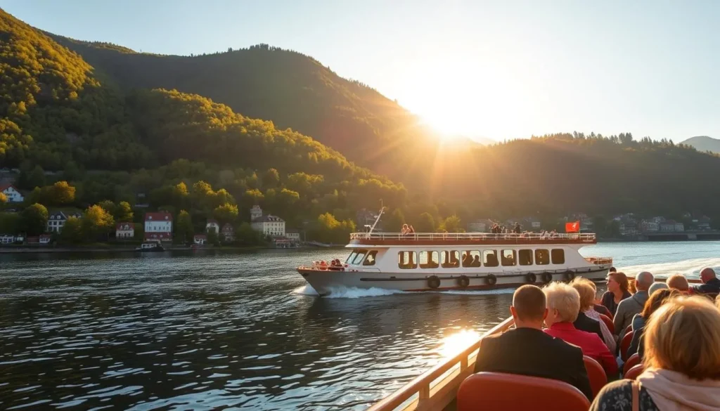 A serene riverboat glides along the tranquil Drammen River, its elegant form reflecting in the glistening waters. Verdant hills and lush forests frame the scene, bathed in warm, golden sunlight. Passengers enjoy the scenic journey, taking in the picturesque landscapes and historic architecture that line the riverbanks. The calm, peaceful atmosphere invites visitors to relax and immerse themselves in the natural beauty of this charming Norwegian town.