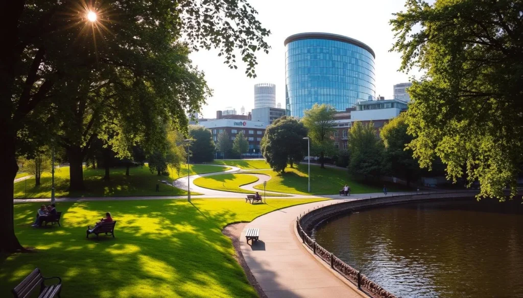 A serene riverside area along the banks of the River Thames in Southwark, London. Sunlight filters through the trees, casting a warm glow over the tranquil scene. In the foreground, a lush green lawn slopes down to the water's edge, dotted with park benches where people sit and enjoy the peaceful atmosphere. The middle ground features a paved walkway winding through the trees, with several modern buildings in the background, including the distinctive curved facade of City Hall. The overall impression is one of a well-maintained, urban public space that seamlessly integrates nature and modern architecture, providing a calming respite from the bustling city.