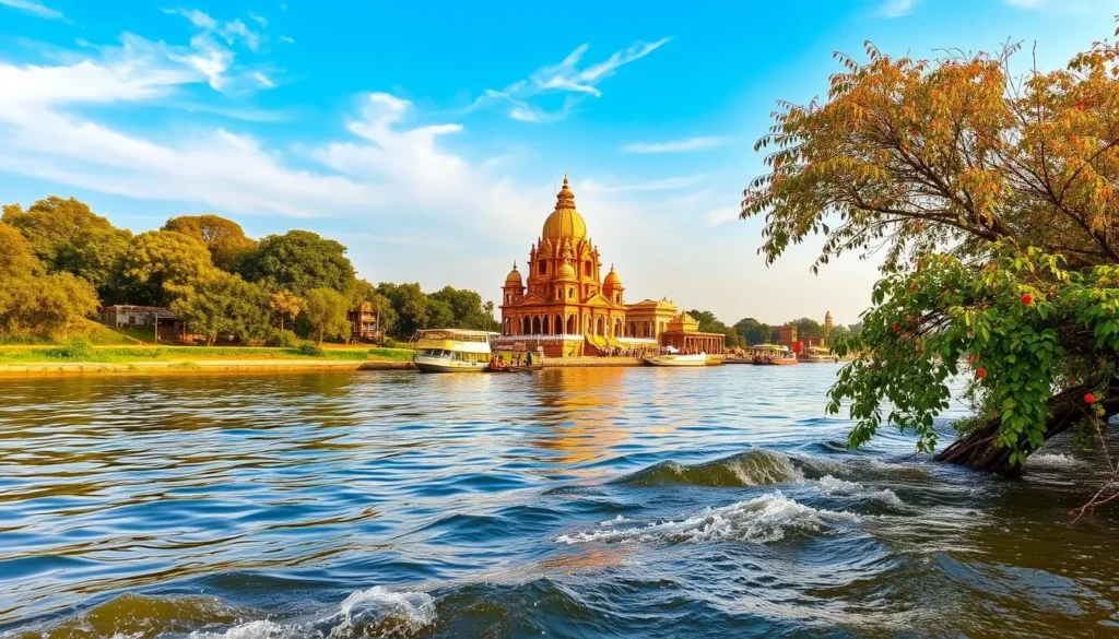 A serene riverside scene in Prayagraj, Uttar Pradesh, on a pleasant autumn day. In the foreground, the tranquil waters of the Ganges River flow gently, reflecting the golden hues of the sun. On the riverbank, lush green trees and vibrant flowers create a picturesque landscape. In the middle ground, a majestic temple stands tall, its ornate architecture and intricate details beckoning visitors. The background is dominated by a clear blue sky, with wispy clouds adding to the calming atmosphere. The overall scene conveys a sense of peace and serenity, inviting the viewer to explore the rich cultural and spiritual heritage of this historic city.