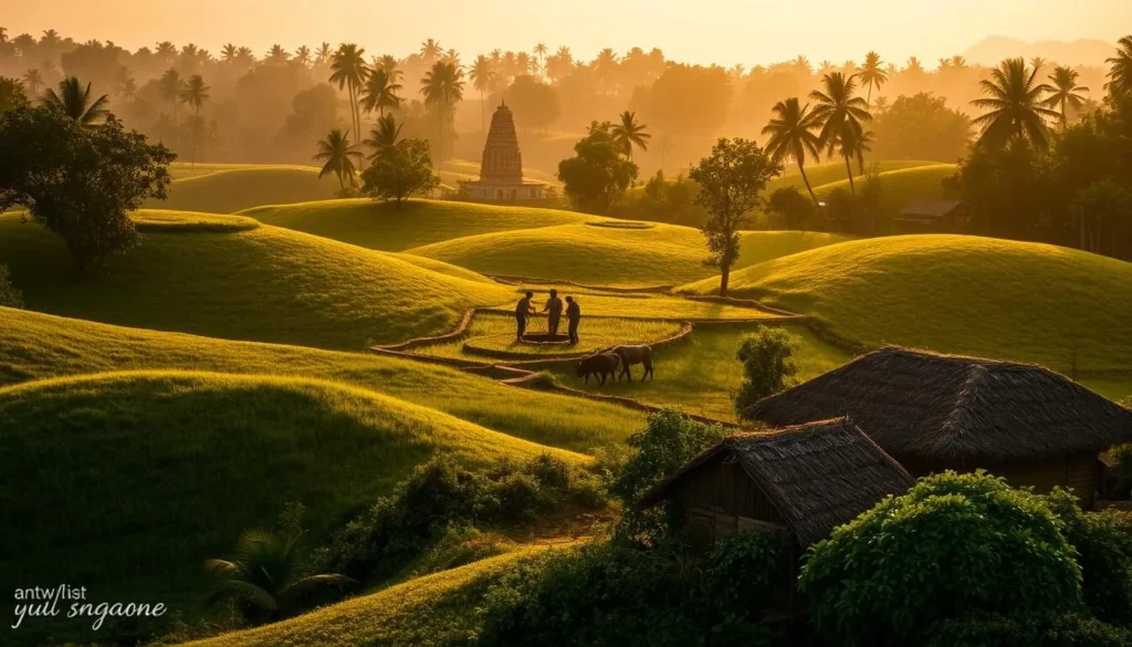 A serene rural landscape in Baranagar, West Bengal, India. Rolling green hills dotted with thatched-roof cottages and lush foliage in the foreground. In the middle ground, villagers going about their daily chores - tending to crops, herding livestock, and gathering at a central well. The background features a temple spire peeking out from the trees, symbolizing the region's rich cultural heritage. Warm, golden afternoon sunlight bathes the scene, casting long shadows and creating a peaceful, timeless atmosphere. Capture the essence of Baranagar's enduring village life and history through this idyllic, photorealistic landscape.