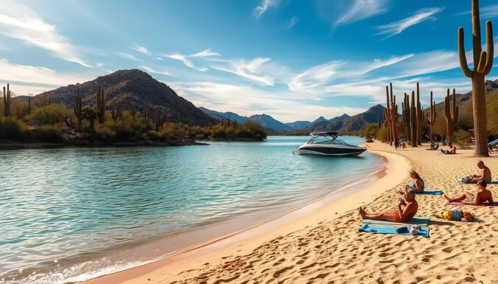 A serene sandy beach on the shores of Saguaro Lake, Arizona. Tall saguaro cacti dot the surrounding desert landscape, their iconic silhouettes framing the tranquil turquoise waters. Warm sunlight filters through wispy clouds, casting a golden glow across the scene. Beachgoers lounge on towels, dipping their toes in the calm, inviting lake. Sleek motorboats drift across the surface, leaving gentle ripples in their wake. The air is filled with the soothing sound of lapping waves and the occasional call of a desert bird. Capture the essence of this picturesque desert oasis, a serene respite from the surrounding rugged terrain.