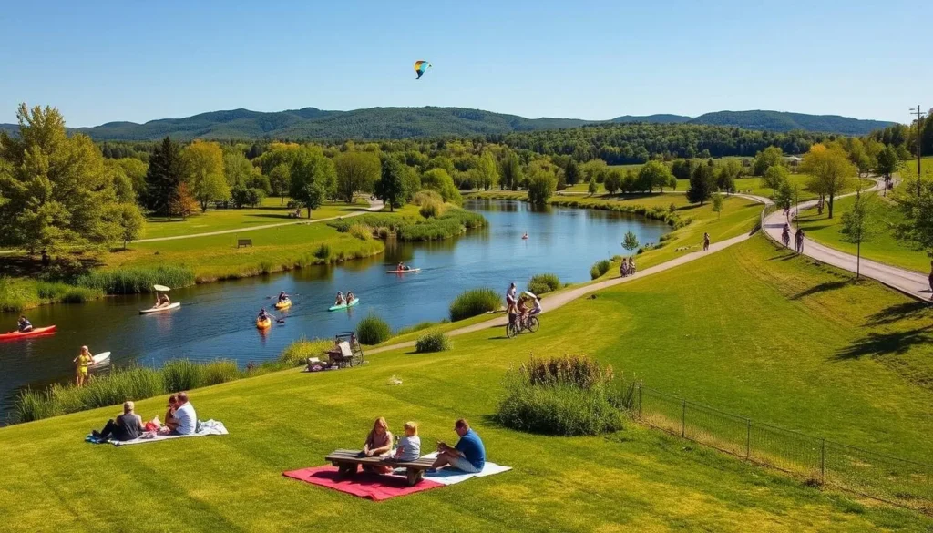 A serene scene in Pittsford, New York, showcasing the town's picturesque outdoor activities. A tranquil river flows through the lush, verdant landscape, its banks dotted with people kayaking, canoeing, and stand-up paddleboarding. In the foreground, families picnic on the grassy riverbanks, children playing frisbee and flying kites. The middle ground features joggers and cyclists traversing the paved trails, while the background boasts rolling hills and a clear, azure sky. Warm, natural lighting bathes the scene, creating a welcoming and inviting atmosphere for outdoor enthusiasts to enjoy the best of Pittsford's natural beauty.