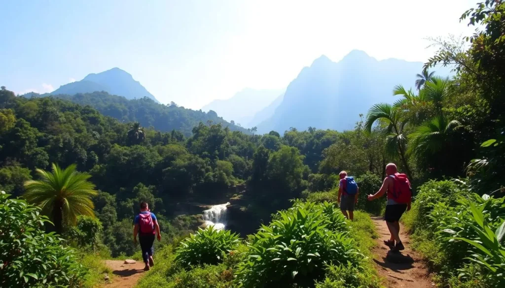 A serene scene of Henri Pittier National Park, Venezuela, on a bright, sunny day. In the foreground, a well-marked hiking trail winds through lush, verdant foliage, with hikers donning hiking gear and following safety guidelines. In the middle ground, a picturesque waterfall cascades over mossy rocks, surrounded by a dense tropical canopy. The background features towering mountains cloaked in a hazy blue mist, conveying a sense of tranquility and adventure. The lighting is natural and warm, casting a soft glow over the entire landscape. The overall mood is one of peaceful exploration and appreciation for the park's natural beauty, with a focus on safety and responsible enjoyment of the environment.