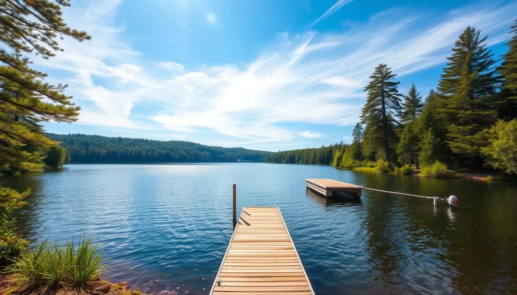 A serene scene of Lake Vaddo, Sweden on a pleasant summer day. Sunlight glistens on the calm, azure waters, surrounded by lush, verdant forest banks. Wispy, ivory clouds drift across the bright, azure sky. A wooden dock extends into the lake, inviting visitors to sit and admire the picturesque landscape. Tall, towering pine trees line the shoreline, casting gentle shadows across the tranquil surface. The air is crisp and fresh, with a gentle breeze rustling the leaves. An idyllic, peaceful atmosphere, perfect for a relaxing day by the lake.