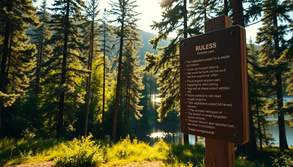 A serene scene of Tiveden National Park in Sweden, showcasing the park's natural beauty and rules for visitors. In the foreground, a wooden signpost stands, detailing the park's regulations in a clear, approachable manner. The middle ground features a lush, verdant forest, with sunlight filtering through the canopy of tall, majestic trees. In the background, a tranquil lake reflects the surrounding landscape, creating a calming, picturesque atmosphere. The lighting is warm and golden, enhancing the peaceful mood. The camera angle is slightly elevated, providing a comprehensive view of the scene, inviting the viewer to immerse themselves in the serene setting and understand the guidelines for a responsible, respectful visit to Tiveden National Park.