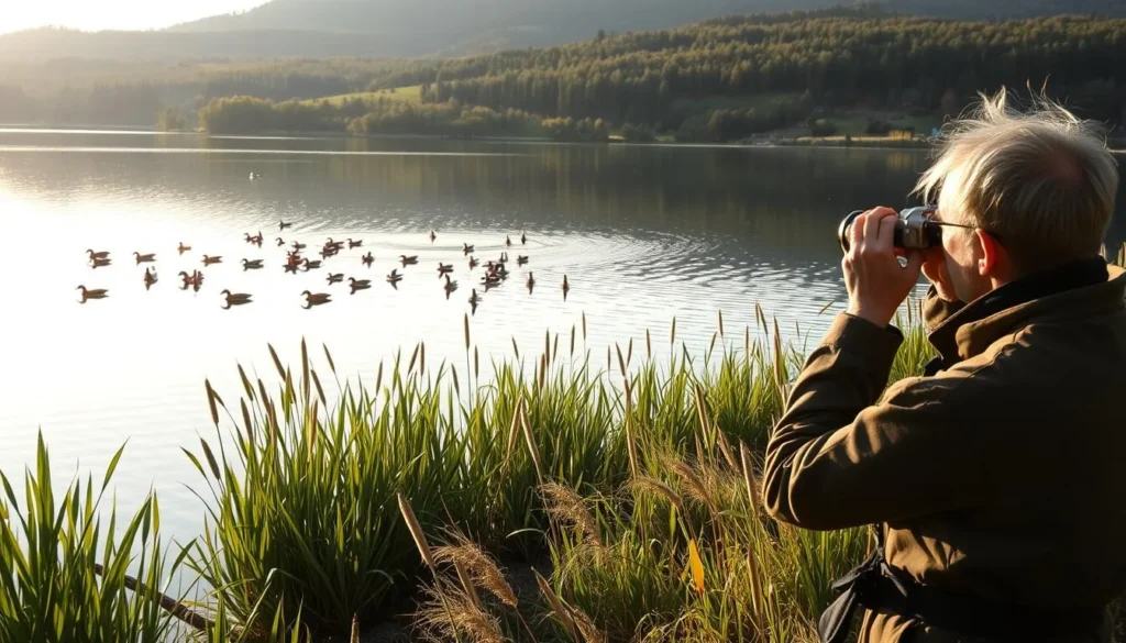 A serene scene of bird watching at the picturesque Lake Most in Czechia. In the foreground, a birdwatcher armed with binoculars and a camera, observing a flock of vibrant waterfowl gracefully gliding across the calm, mirror-like surface of the lake. The middle ground features lush, verdant shoreline vegetation, with tall reeds and cattails swaying gently in the soft breeze. In the background, rolling hills and distant forested areas create a tranquil, natural backdrop, bathed in warm, golden afternoon light. The overall mood is one of peaceful contemplation and appreciation for the abundant wildlife thriving in this idyllic lake ecosystem.