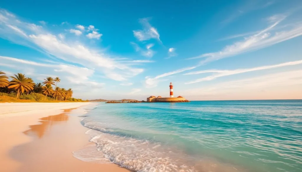 A serene seascape on Ilha do Farol, Brazil's picturesque island. Warm sunlight filters through wispy clouds, casting a golden glow over the pristine white-sand beach and gently lapping turquoise waves. In the distance, the iconic lighthouse stands tall, its red-and-white striped tower a beacon against the clear azure sky. Palm trees sway softly in the refreshing sea breeze, creating a tranquil, tropical atmosphere perfect for a leisurely visit. A breathtaking scene that captures the idyllic ambiance of the best time to explore this enchanting island destination.