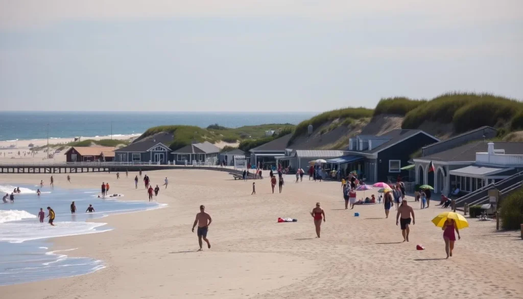 A serene seaside town along the Atlantic coast, Bethany Beach presents a picturesque tableau. In the foreground, sun-kissed beachgoers stroll along the pristine sandy shores, their laughter mingling with the gentle crash of waves. Colorful umbrellas dot the landscape, casting playful shadows on the ground. The middle ground reveals a quaint boardwalk, lined with charming shops and cafes, their inviting facades beckoning visitors. Towering dunes, dotted with lush sea oats, frame the scene, leading the eye towards a horizon where the ocean meets the sky in a harmonious blend of blues and golds. Soft, diffused lighting bathes the entire setting, creating a warm, nostalgic atmosphere that captures the essence of this quintessential Delaware beach town.